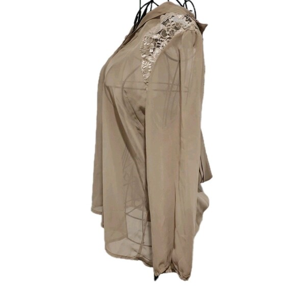TRUTH NYC Top Womens Medium Brown Sheer Blouse 3/4 Sleeve Embroidered Open Back - Picture 4 of 14